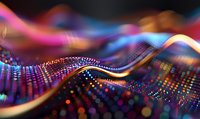 Abstract digital wave pattern with glowing dots and lines in vibrant pink, blue, and orange colors against dark background, creating dynamic flowing motion effect.