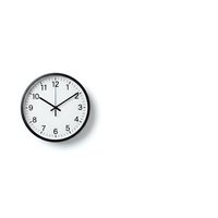 Classic round wall clock with black frame showing ten past ten on white background isolated for office and home decor designs.