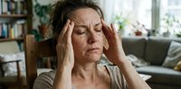 Middle-aged Caucasian woman experiencing headache or stress, holding temples with closed eyes in comfortable home interior for health and wellness concepts.