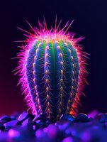 Neon glowing cactus with vibrant pink and purple spines on dark background. Surreal desert plant with electric lighting effects for modern design projects.