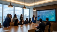 Business team meeting in modern conference room with city skyline view and presentation screen showing financial data and charts.