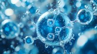 Microscopic view of blue glowing virus cells with detailed molecular structure floating in liquid environment, scientific visualization for medical and research purposes.