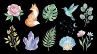 Botanical and wildlife design elements collection featuring watercolor illustrations of pink peony flower, orange fox, monstera leaf, hummingbird, eucalyptus branch, golden wildflowers, purple crystals, green fern, constellation stars, blue seashell, and pink carnations. Isolated on transparent background, ready for t-shirts, clipart, stickers, and print-on-demand designs.