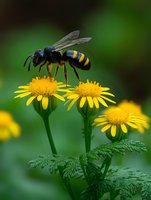Large wasp collecting nectar from bright yellow wildflowers against blurred green background, macro nature photography showing detailed insect wings and stripes.