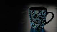 Black coffee mug with glowing blue circuit board pattern on dark background. Modern tech-themed drinkware for digital lifestyle and electronics concepts.