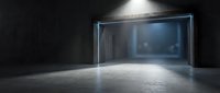 Empty modern garage interior with concrete floor and dramatic lighting from overhead spotlight creating atmospheric shadows and reflections.