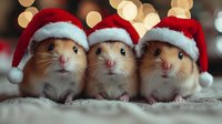 Three adorable hamsters wearing red Santa hats sitting together against blurred holiday lights background, creating festive Christmas mood for greeting cards and holiday designs.