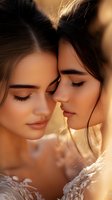 Two young women sharing intimate moment with closed eyes and gentle touch in warm golden sunlight creating peaceful connection and tender embrace.
