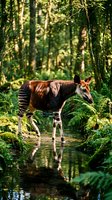Okapi drinking from forest stream surrounded by lush green vegetation and dappled sunlight filtering through dense tropical rainforest canopy.