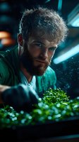 Bearded Caucasian male scientist examining microgreens in modern hydroponic laboratory with dramatic teal lighting and atmospheric effects. For science publications.