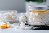 White fluffy marshmallows in glass jar and scattered on table with yellow candy pieces, soft focus composition on light background for confectionery design.