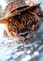 Majestic lynx wearing straw hat in winter snow scene with bokeh light effects and close-up view of piercing eyes against frosty white background.