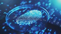 Digital fingerprint scan with binary code and glowing blue technology elements on dark background, representing cybersecurity and biometric authentication.
