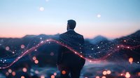 Silhouette of businessman against mountain sunset with glowing red light trail effect and bokeh overlay creating magical atmosphere for business success concept.