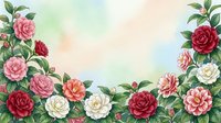 Watercolor floral border with red, pink and white camellia roses on soft pastel background, copy space for text or design.