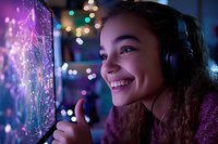 Young mixed race woman in headphones smiling while looking through window with holiday lights and bokeh effects creating magical evening atmosphere.