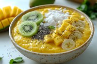 Tropical smoothie bowl with mango, banana, kiwi, coconut flakes and chia seeds served in ceramic bowl. Fresh healthy breakfast with vibrant colors and textures.