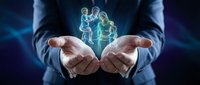 Businessman hands protecting holographic family figures representing life insurance, healthcare coverage, and family protection services concept.