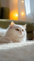 White Persian cat with bright yellow eyes resting on soft carpet in warm sunlit room, looking up with gentle expression against blurred background with bokeh lights.