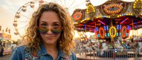 Young woman with curly blonde hair and sunglasses at amusement park with carousel and ferris wheel in background, enjoying summer fair entertainment and carnival attractions.