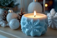 Glowing candle in blue snowflake-shaped ceramic holder with white Christmas ornaments and pine cones creating cozy winter holiday atmosphere.