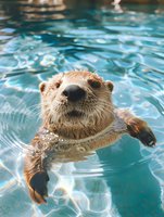 Curious sea otter swimming in clear turquoise water, close-up portrait showing wet fur and whiskers against rippling water surface. For wildlife and nature content.