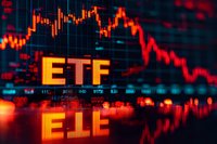 Glowing ETF text displayed on digital screen with declining stock market graph in red and black, reflecting dramatic financial market volatility and trading data.