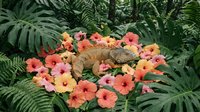 Tropical iguana resting among vibrant hibiscus flowers in lush jungle setting with ferns and palm leaves creating exotic paradise scene for nature designs.