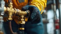 Plumber wearing protective gloves adjusts brass pipe fitting valve in industrial setting. Close up view shows detailed metalwork and professional maintenance work.