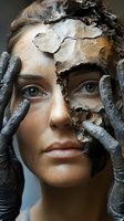 Artistic portrait showing crumbling clay mask effect on female face with dark hands touching skin, representing transformation and inner beauty emerging.