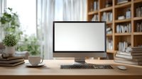 Modern desktop computer with blank screen on wooden desk in cozy home office with bookshelves, coffee cup, and potted plant.