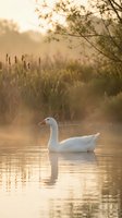 White goose swimming peacefully on calm lake water during golden hour sunrise with soft natural lighting and serene countryside atmosphere.
