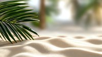 Tropical palm leaf over smooth sand dunes creating minimalist summer beach scene with soft natural lighting and shallow depth of field.
