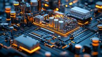 Macro view of electronic circuit board with glowing orange elements and microchips, depth of field effect on dark background. Technology concept for computing.