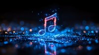 Glowing musical note symbol with neon blue and pink lights on dark background with bokeh effect and reflection, creating magical atmosphere for music concepts.
