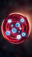 Red glowing cell with blue neon organelles and bacteria, isolated on dark background. Suitable for medical, science education, and biology presentations.