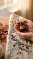 Hands holding lavender essential oil bottle surrounded by dried flowers and herbs on linen cloth. Natural aromatherapy and wellness concept for spa treatments.