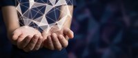 Hands presenting glowing geometric network structure with connected nodes and lines representing digital connectivity, technology innovation and data visualization.