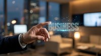Businessman's hand touching glowing holographic business text in modern office at night, digital innovation and corporate technology concept.
