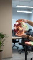 Hands protecting glowing colorful brain with light effects in modern office environment representing mental health awareness and cognitive protection concepts.