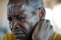 African American mature man experiencing severe neck pain and discomfort, grimacing with eyes closed while holding neck area in yellow shirt, close-up portrait.