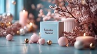 Elegant Ramadan Mubarak greeting card with pink and gold decorative elements, glowing candles and cherry blossoms creating festive holiday atmosphere.