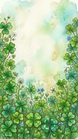 Watercolor green clover field with small wildflowers and soft pastel sky, copy space for St. Patricks Day greeting cards and spring designs.