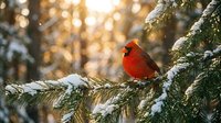 Bright red male cardinal perched on snow-covered evergreen branch with warm golden sunlight creating magical winter bokeh background for holiday designs.