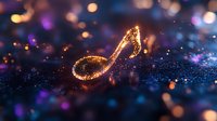 Glowing musical note symbol with sparkles and bokeh lights on dark background creates magical atmosphere for music and entertainment designs.