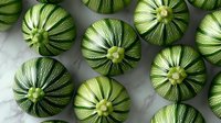 Fresh round green zucchini pattern on marble background viewed from above. Natural organic vegetables with striped skin texture create geometric layout.
