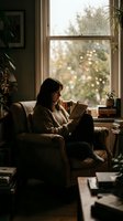 Young woman reading book in cozy living room by window with warm natural light, plants and comfortable armchair creating peaceful home atmosphere.