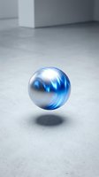 Glossy blue metallic sphere floating above concrete floor in modern minimalist interior space with white walls and natural lighting.