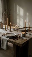 Minimalist dining table setting with lit candles, neutral tableware, and dried botanicals creating an elegant, serene atmosphere for entertaining or home decor styling.