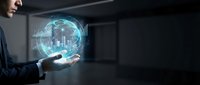 Businessman holding glowing digital globe with city network visualization, representing global connectivity, technology innovation, and international business solutions.
